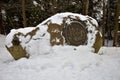 Signpost on stone Ã¢â¬ÅWaterfall KwisaÃ¢â¬Â in winter, Swieradow Zdroj resort, south-western Poland